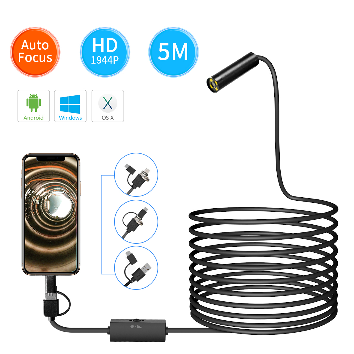 Mac Windows 100W Inline HD Camera with 6 Adjustable LED Lights for Android HM2 Ear Clean Endoscope USB Endoscope 